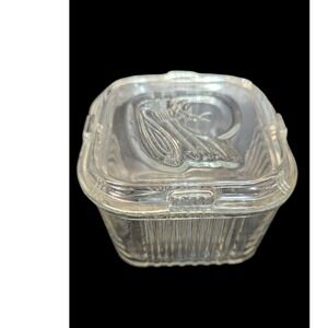 Vtg Federal glass Refrigerator Dish Square Ribbed Base Embossed Vegetable‎ Lid